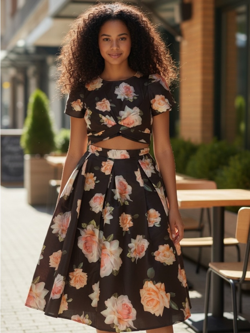 Floral A-Line Midi Skirt and top Black with Peach Roses